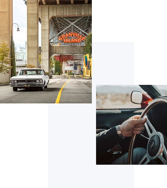 A white Pontiac Beaumont driving under a bridge in Vancouver, and a close-up shot of a hand on a steering wheel.