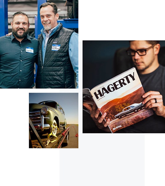 A collage showing the benefits of Hagerty Drivers Club, such as the print magazine, soft-strap towing, and social events at a garage.