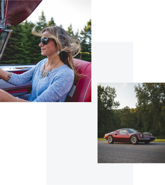 A collage of 2 images, one with a woman driving a collector convertible and another with a collector vehicle on a road.