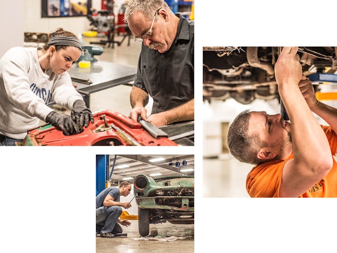 A group of men and women collectively work on restoring a collector vehicle.