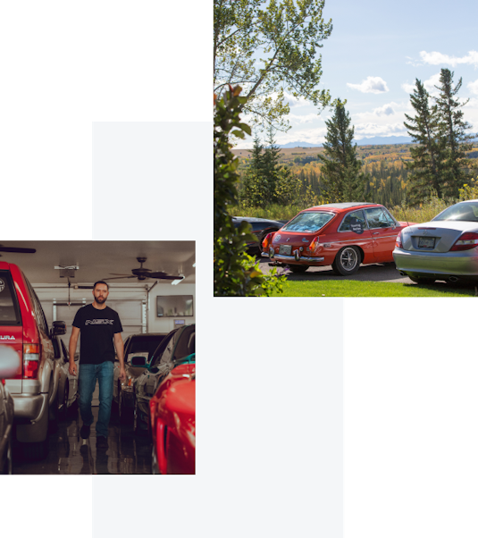A collage of 2 photos. One shows a guy in a garage standing between 2 red classic vehicles, the other shows a red and silver classic car with a field in the background.