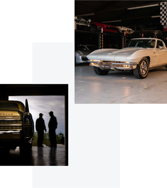 A collage of 2 photos showing collector vehicles in a garage.
