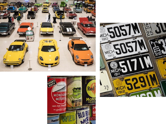A museum displaying vibrant collector vehicles, vintage license plates, and oil can memorabilia.