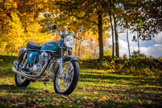A blue motorcycle parked in the grass before autumn leaves