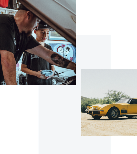Photo collage of 2 images, one with a man and child working on a car together, and one with a yellow classic car on a dirt road.