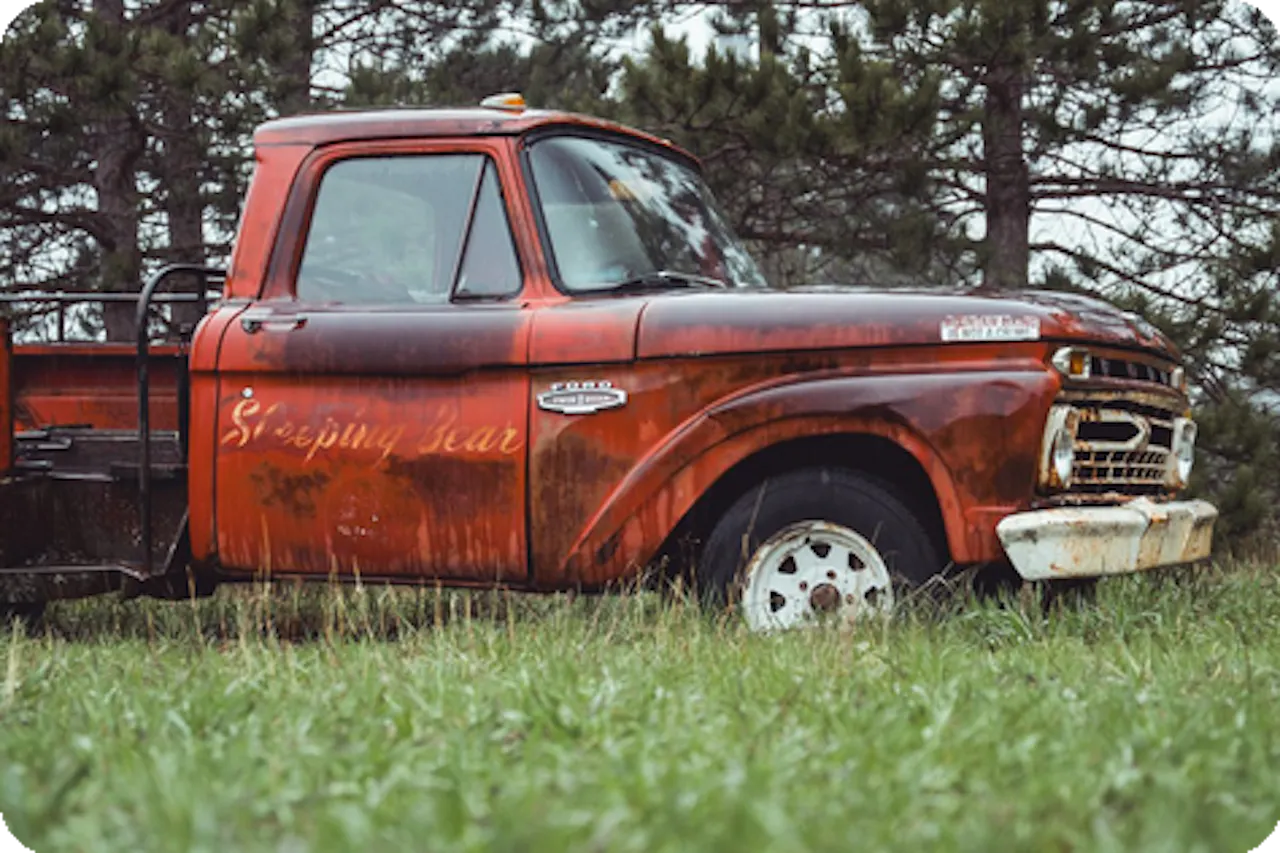 A vintage classic rust covered truck parked in the grass in front of a group of pine trees