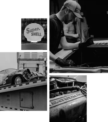 A collage of four images showing collector car memorabilia, a man restoring a vehicle, a closeup of a Datsun L-series engine, and a collector vehicle being pulled up a ramp.