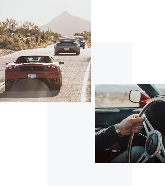 A collage of collector cars being driven, with a shot of multiple cars on a desert road, and a close-up shot of a hand on a steering wheel.